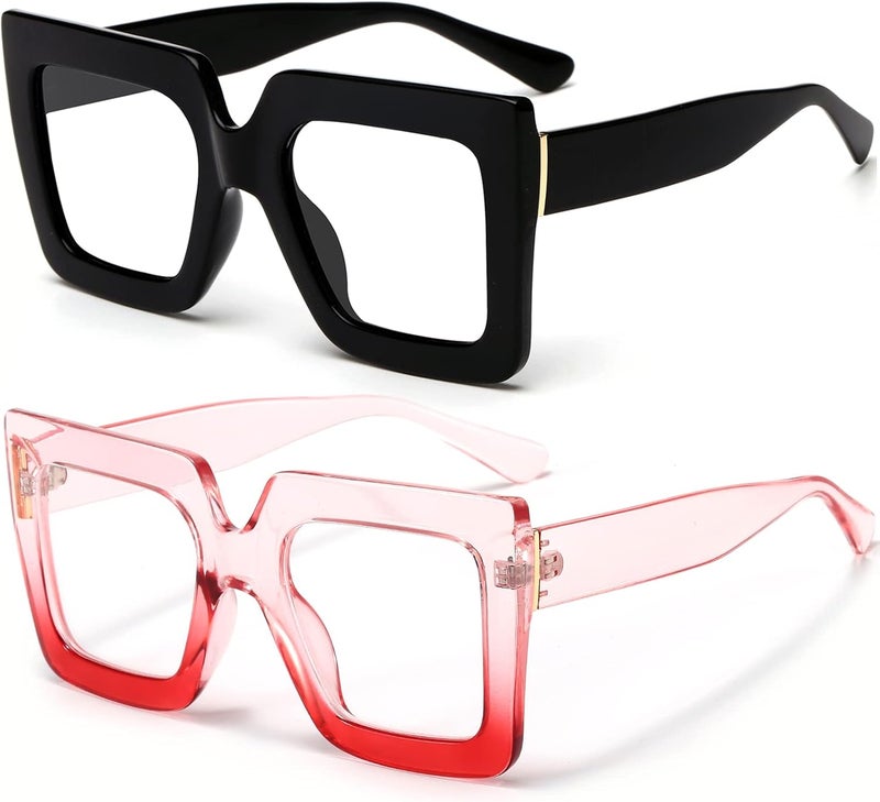 Breaksun Oversized Blue Light Glasses for Women Fashion Thick Square Computer Eyewear Non-Prescription Black Glasses (New Black+ Pink Red) - Image 1